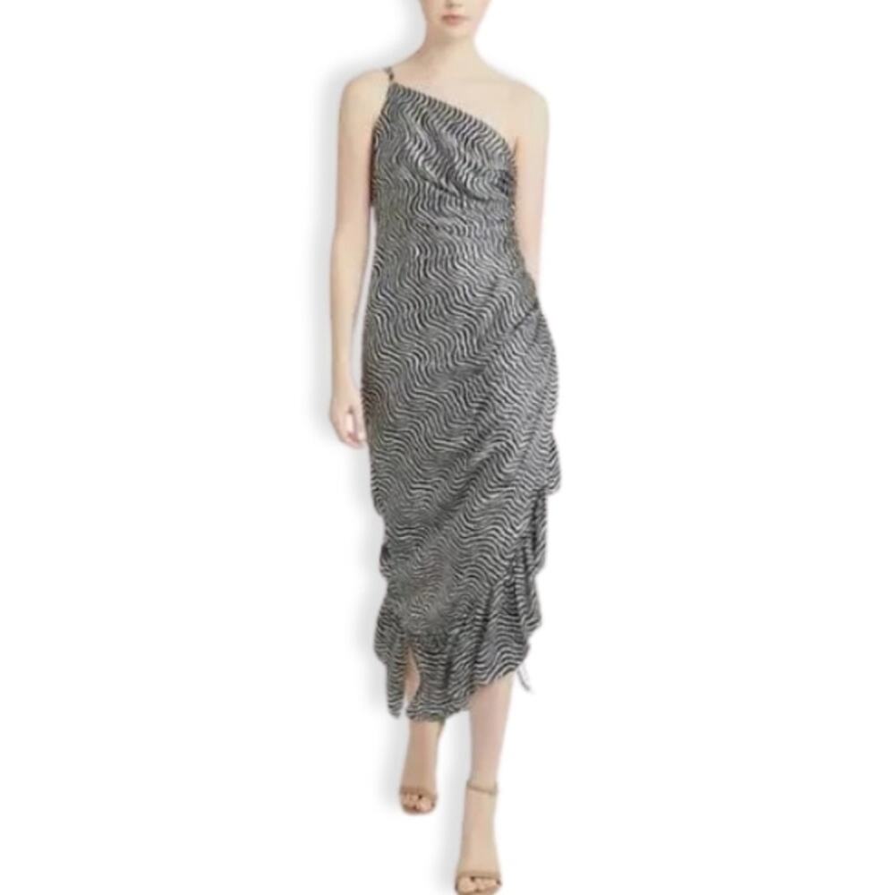 Cinq A Sept Midi Dress One Shoulder Silk Ruched Ruffle Hem Black/White W 2 NWOT